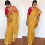 Mustard Embroidered Organza Silk Saree - Image 4