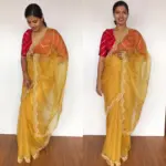 Mustard Embroidered Organza Silk Saree - Image 5