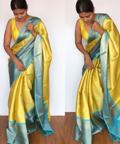 Yellow  Kora Silk Saree with Gold Zari Weaves