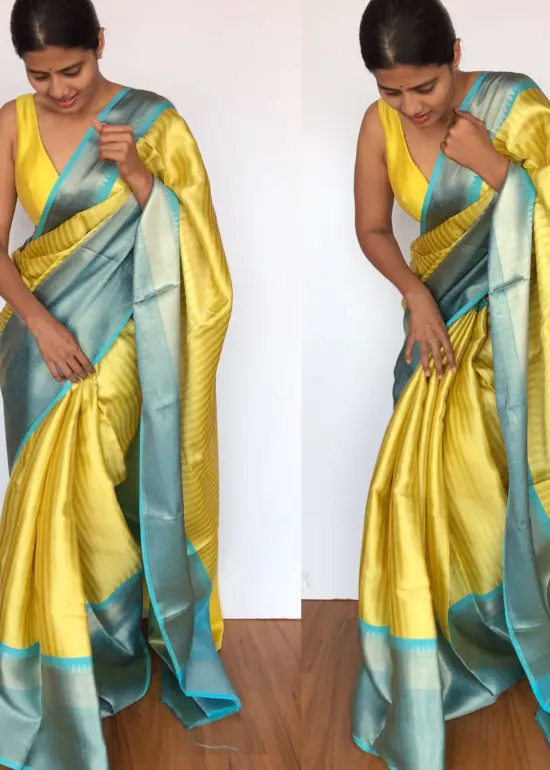 Yellow  Kora Silk Saree with Gold Zari Weaves