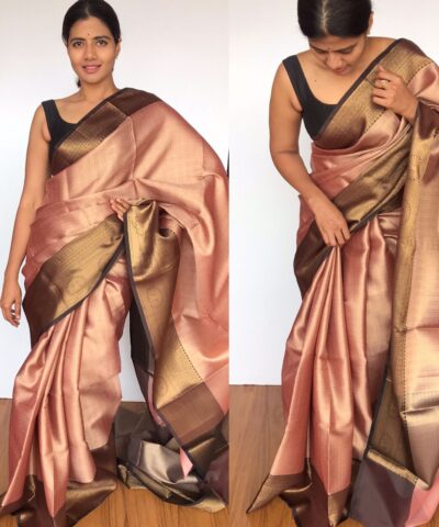 Powder Pink Kora Silk Saree with Gold Zari Weaves