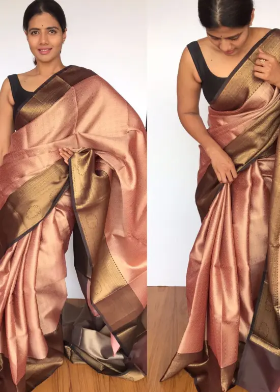 Powder Pink Kora Silk Saree with Gold Zari Weaves