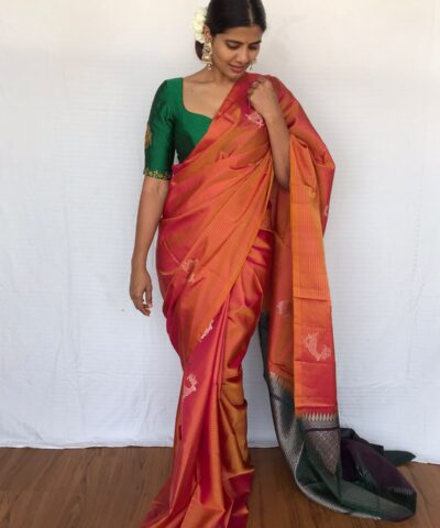 Copper Orange Kanjivaram Silk Saree with Beautiful Deer Motifs woven in Silver Zari