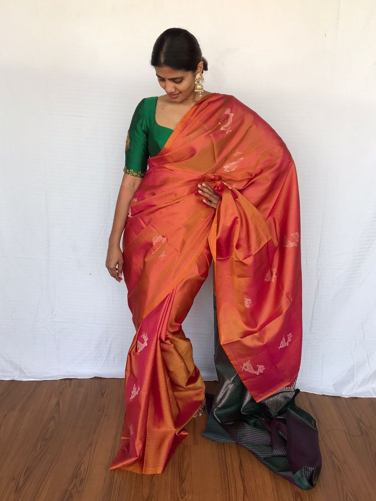 With Weaving Golden Zari Saree for Women For Traditional Wear Party Wear Silk Mark Certified Orange Color Pure Kanchipuram Silk Saree