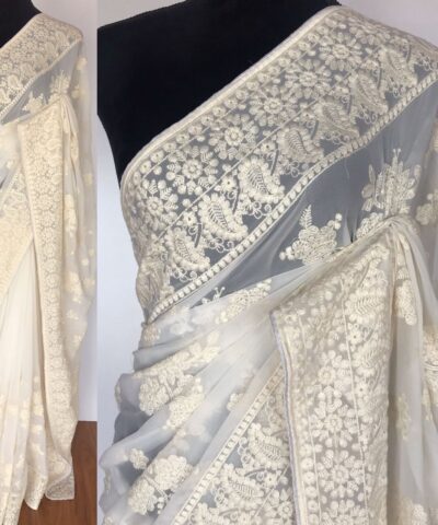 White Georgette Saree with Embroidery