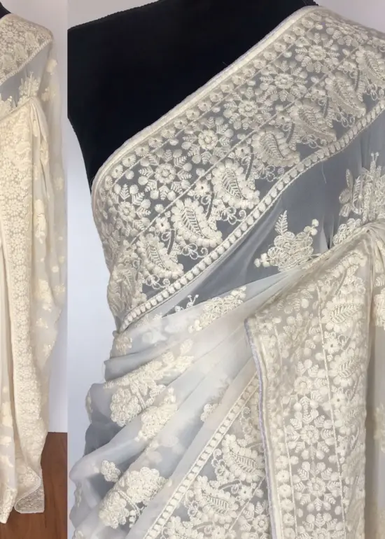 White Georgette Saree with Embroidery