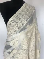 White Georgette Saree with Embroidery - Image 3