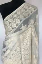 White Georgette Saree with Embroidery - Image 4