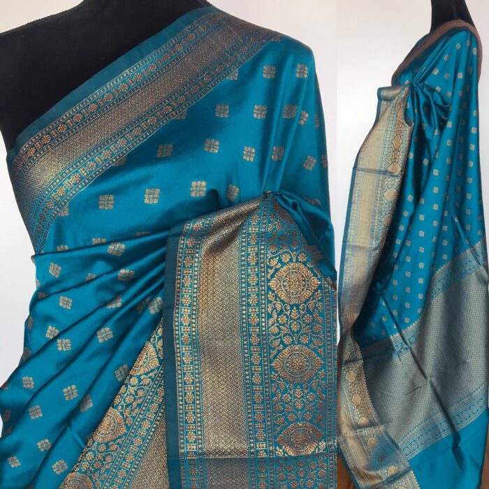 Blue Banarasi Soft Silk Saree with Antique Gold Zari Weaves