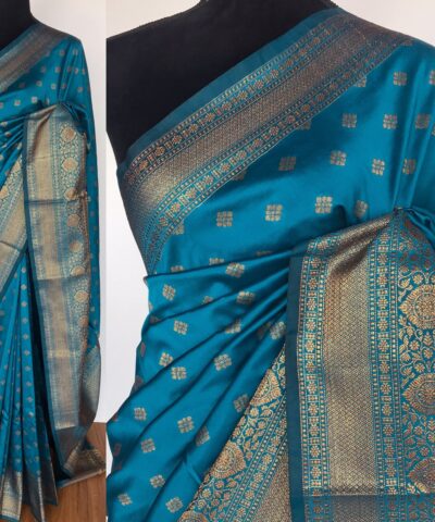 Blue Banarasi Soft Silk Saree with Antique Gold Zari Weaves