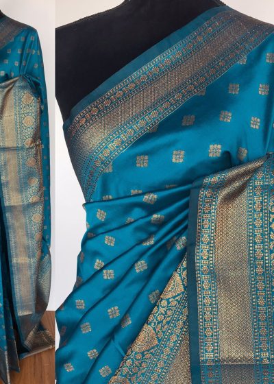 Blue Banarasi Soft Silk Saree with Antique Gold Zari Weaves