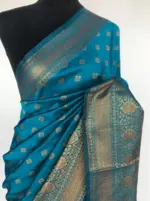 Blue Banarasi Soft Silk Saree with Antique Gold Zari Weaves - Image 4
