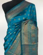 Blue Banarasi Soft Silk Saree with Antique Gold Zari Weaves - Image 3