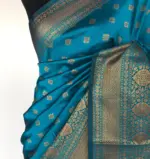 Blue Banarasi Soft Silk Saree with Antique Gold Zari Weaves - Image 5