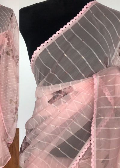 Peach Organza Saree with Floral Prints