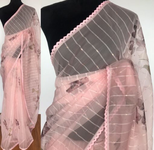 Peach Organza Saree with Floral Prints
