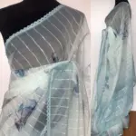 Blue Organza Saree with Floral Prints - Image 2