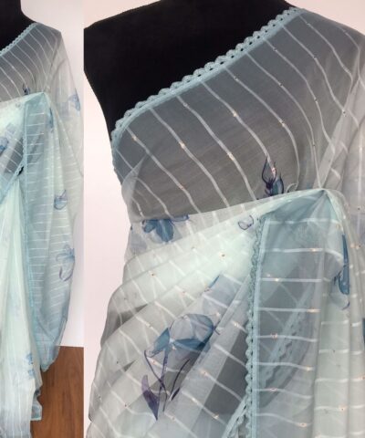 Blue Organza Saree with Floral Prints