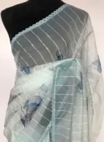Blue Organza Saree with Floral Prints - Image 4