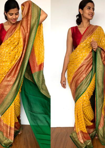Mustard Banarasi Khaddi Georgette Saree with Antique Gold Zari Weaves