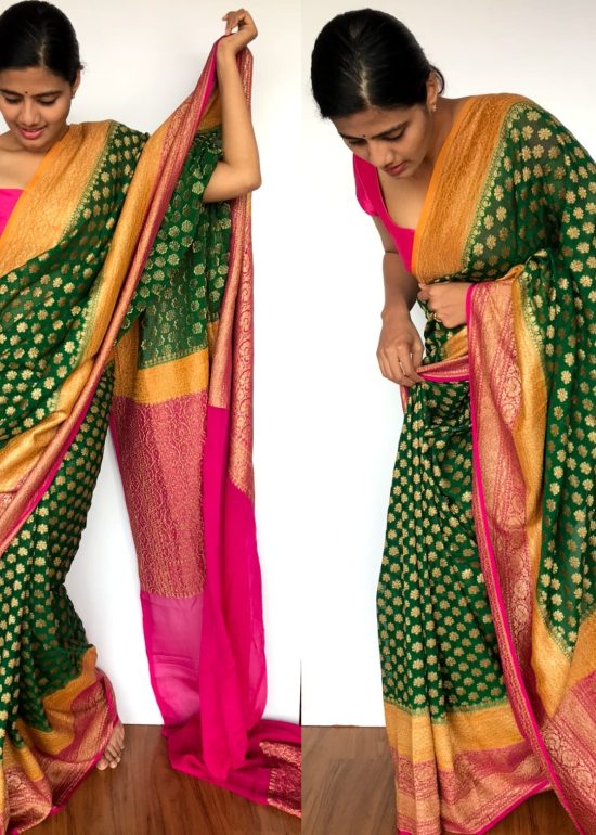 Bottle Green Banarasi Khaddi Georgette Saree with Antique Gold Zari Weaves