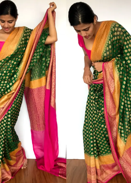 Bottle Green Banarasi Khaddi Georgette Saree with Antique Gold Zari Weaves