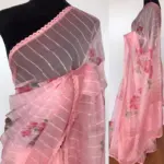 Pink Organza Saree with Floral Prints - Image 2