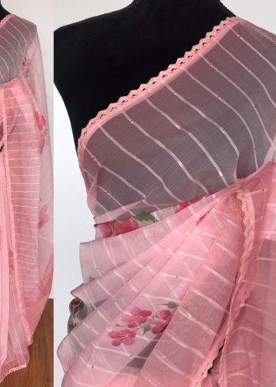 Pink Organza Saree with Floral Prints
