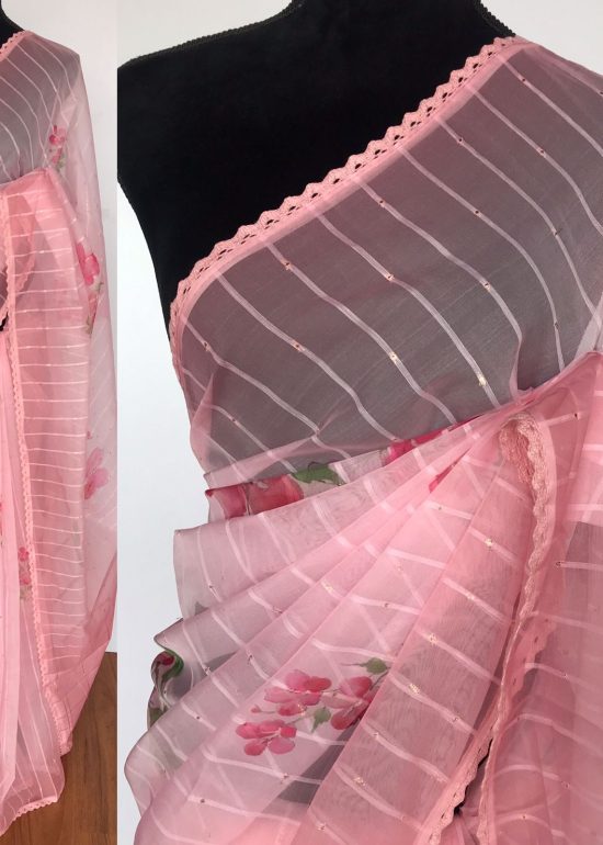 Pink Organza Saree with Floral Prints