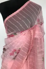 Pink Organza Saree with Floral Prints - Image 4