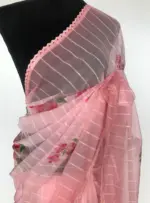 Pink Organza Saree with Floral Prints - Image 3