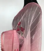 Pink Organza Saree with Floral Prints - Image 6