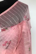 Pink Organza Saree with Floral Prints - Image 5