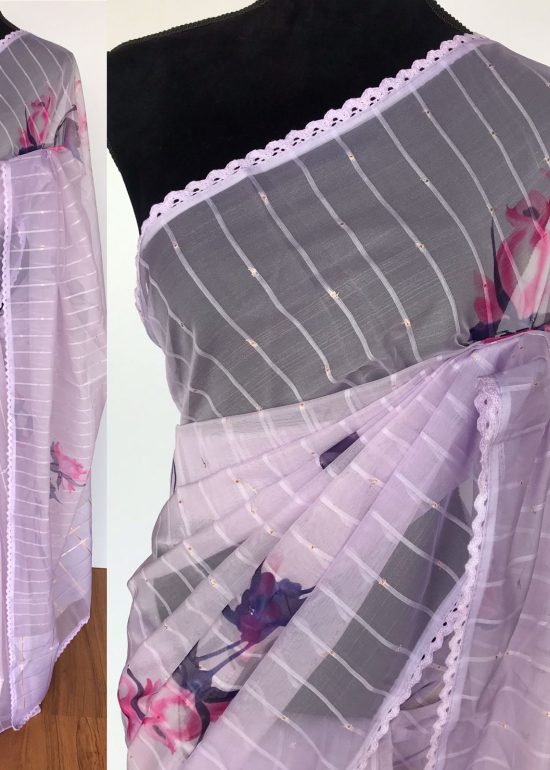 Lilac Organza Saree with Floral Prints