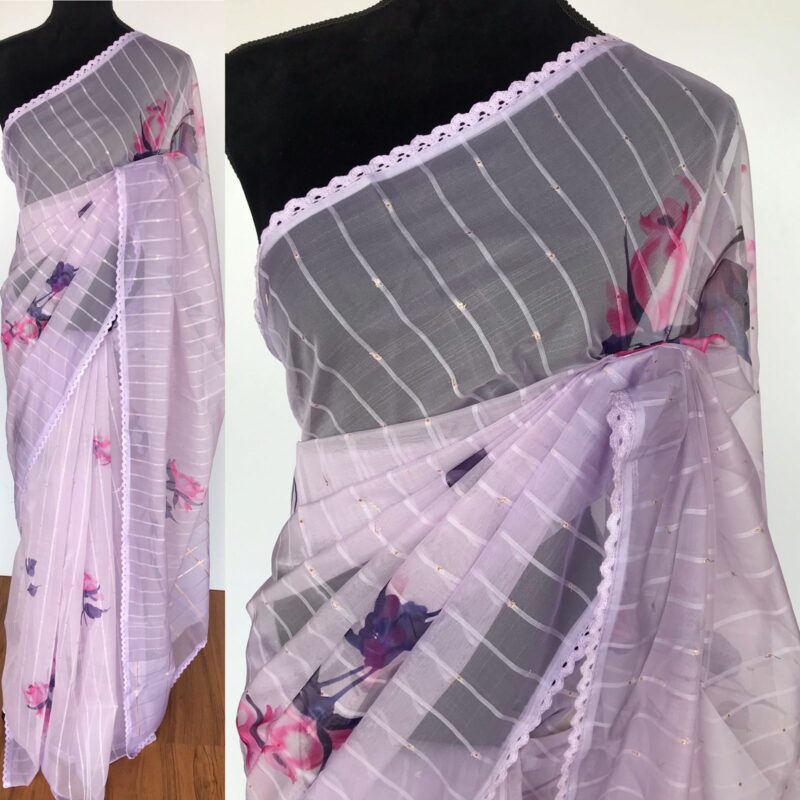 Lilac Organza Saree with Floral Prints