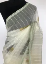 Sea Green Organza Saree with Floral Prints - Image 3