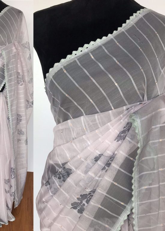 Grey Organza Saree with Floral Prints