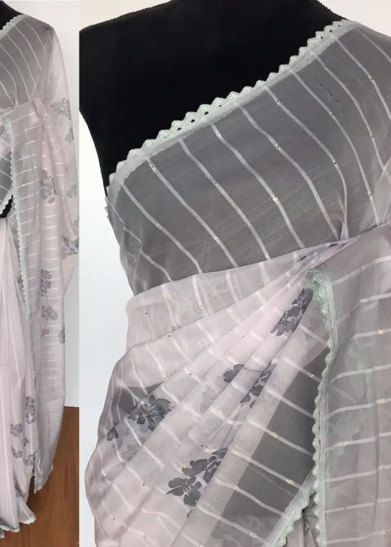Grey Organza Saree with Floral Prints