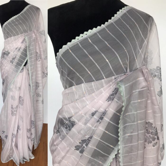 Grey Organza Saree with Floral Prints