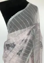 Grey Organza Saree with Floral Prints - Image 3