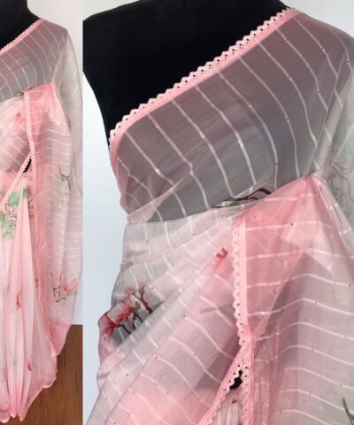 Light Peach Organza Saree with Floral Prints