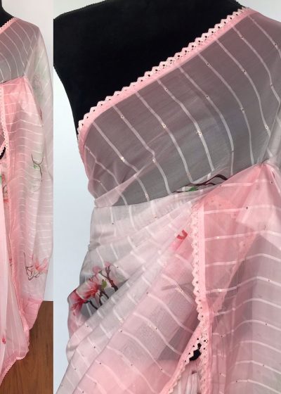 Light Peach Organza Saree with Floral Prints