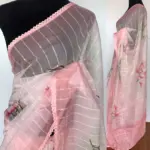 Light Peach Organza Saree with Floral Prints - Image 2
