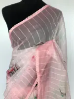 Light Peach Organza Saree with Floral Prints - Image 3