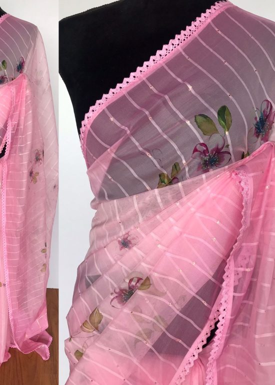 Pink Organza Saree with Floral Prints