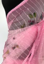 Pink Organza Saree with Floral Prints - Image 2