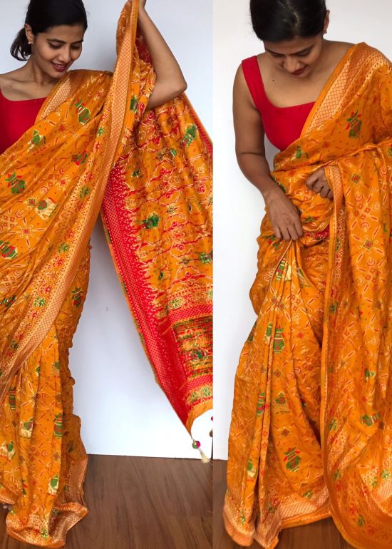 Mustard Banarasi Silk Saree in Georgette with Beautiful Gharchola Weaves