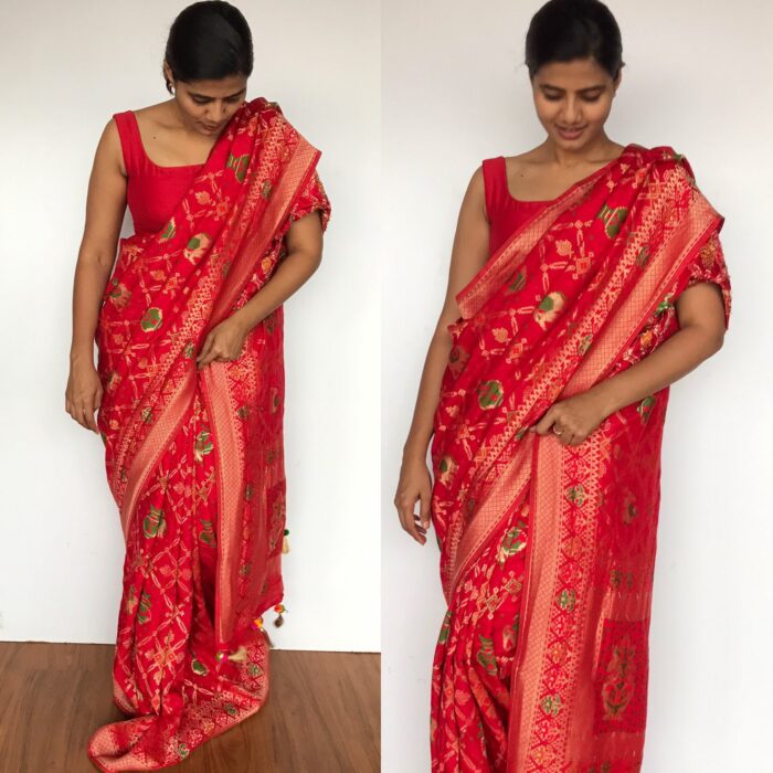 Red Banarasi Silk Saree in Georgette with Beautiful Gharchola Weaves