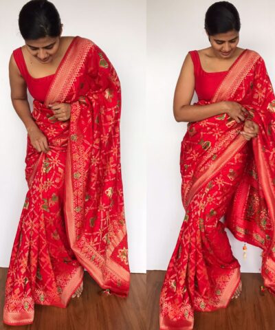 Red Banarasi Silk Saree in Georgette with Beautiful Gharchola Weaves