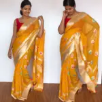 Yellow Pure Khaddi Banarasi Silk Saree in Chiffon with Beautiful Meenakari Weaves - Image 5